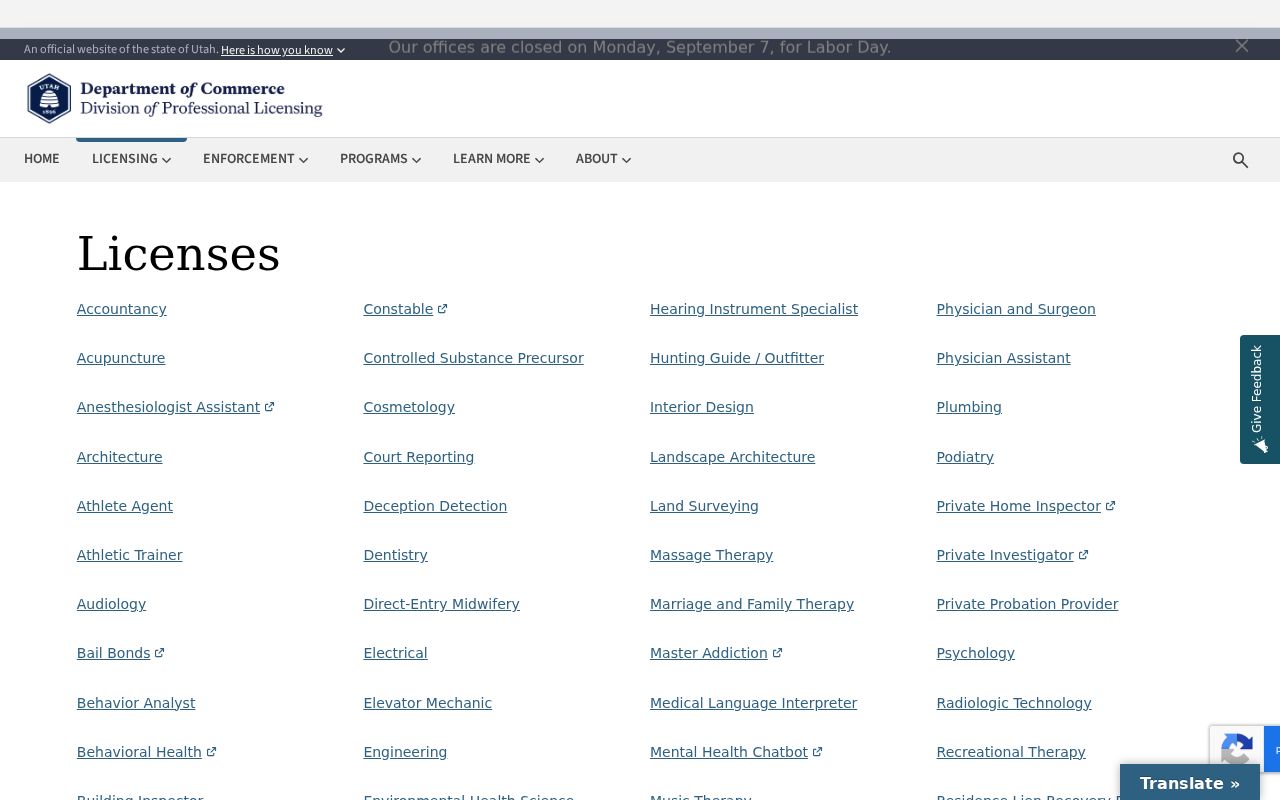 Bountiful resident lookup Utah DOPL professional license search